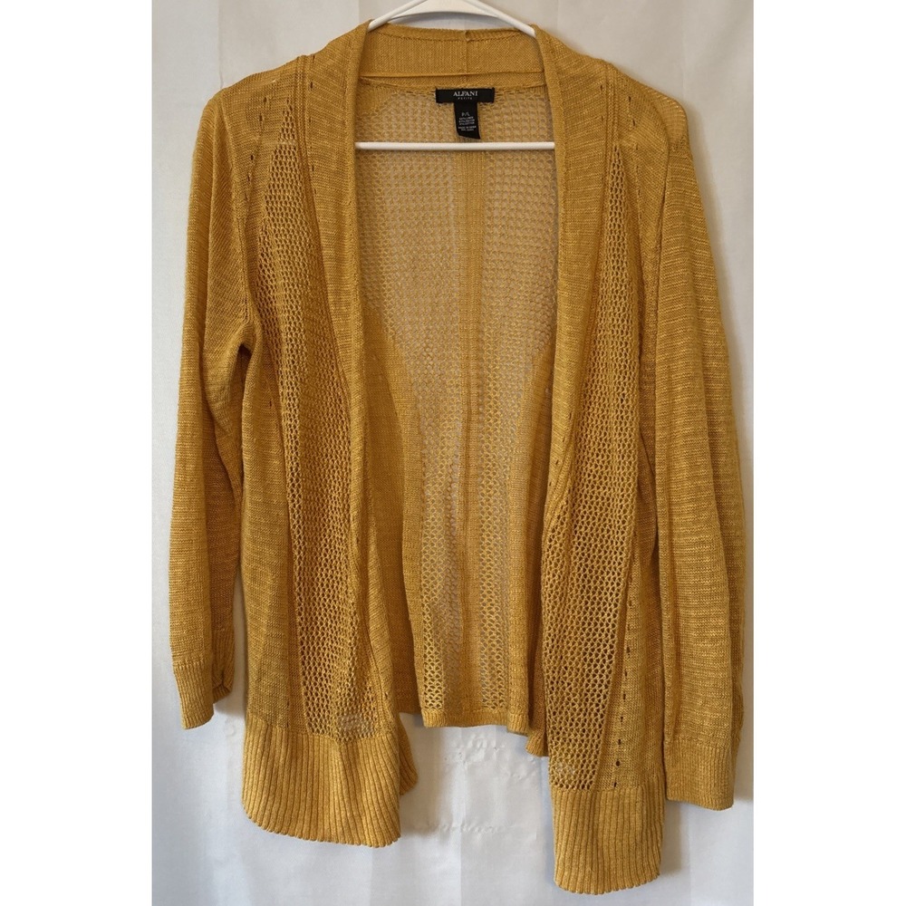Alfani Mustard Yellow Open Cardigan 3/4 Sleeve Sweater P/L Linen Blend Lagenlook